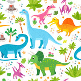 Fototapeta Dinusie - A Childish dinosaurs and tropical leaves pattern