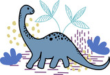 Fototapeta Dinusie - inosaur in doodle flat style with stylized plants and soil