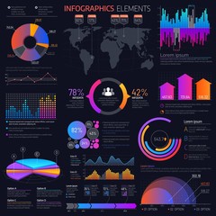 Poster - Business infographics vector elements. Template of presentation graphs, charts and world map, business options, processes, steps, workflow and timeline diagrams, statistic data info graphic design