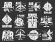 Aviation, air travel and airplane vector icons. Flight tours and aircraft pilot school badge, military aviation and air transport academy, flying training center and airlines passenger service company