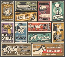 Horse Races, Jockey Polo And Equestrian Sport Championship Cup, Vector Vintage Posters. Horse Racing Rider Equipment Saddles, Whips And Harness Store, Horse Chariots Tournament And Riding School