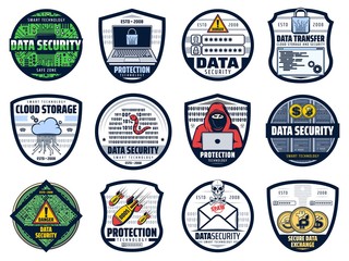 Poster - Internet data security, cloud storage and personal information access protection, vector icons. Bitcoin cryptocurrency secure exchange transaction, e-mail spam and hacker web attack security systems