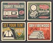 Camping vector vintage posters, summer outdoor adventure. Forest camping tents place sign and tourist trailers rental, dry firewood, mountain expedition and hiking travel orientation courses
