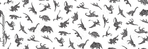 Fotografía Hand drawn grunge seamless pattern with sketch different dinosaur silhouettes