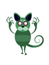 Walking Dead Animals - A Green Cat With White Empty Eyes, Big Nails On Its Paws And Curly Tail. Isolated White Background.