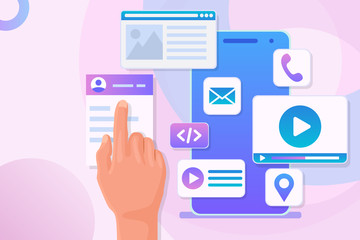 Mobile Application Development Vector illustration. Hand is moving Icons and program code on telephone screen to create UI/Ux design. Mobile App constructor