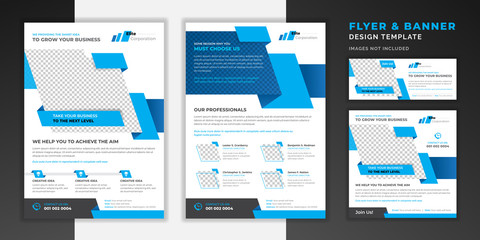Wall Mural - Blue color abstract creative modern professional double sided business flyer or corporate brochure design template