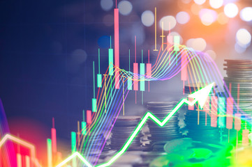 Stock market digital graph chart on LED display concept. A large display of daily stock market price and quotation. Indicator financial forex trade education background.  coins for finance concept