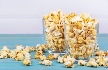 Two cups of popcorn. Homemade popcorn. Traditional movie food