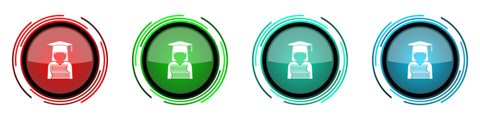 Leinwandbilder - Student round glossy vector icons, books education, knowledge set of buttons for webdesign, internet and mobile phone applications in four colors options isolated on white background