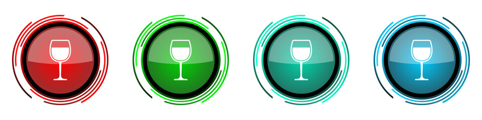 Poster - Alcohol round glossy vector icons, glass set of buttons for webdesign, internet and mobile phone applications in four colors options isolated on white background