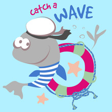 Funny Little Dolphin Sailor Vector Character Illustration. Catch A Wave Collection
