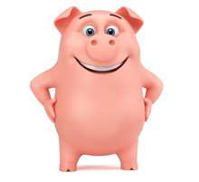 Funny Pink Pig Cartoon Character On A White Background. 3d Render Illustration.