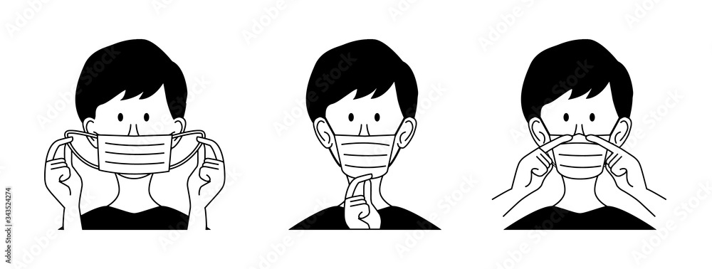 How to wear a mask correct. Man presenting the correct method of wearing a mask, To reduce the spread of germs, viruses and bacteria. Vector illustration
 - obrazy, fototapety, plakaty 