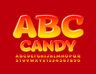 Poster - Vector Candy Alphabet. Glossy Red and Yellow Font. Creative bright Letters and Numbers