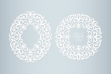 Laser cut paper lace frames, vector illustration. Ornamental cutout photo frame, template for cutting. Abstract vintage background. Element for wedding invitation and greeting card.