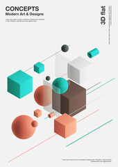Poster - Abstract background, modern composition of geometric shapes. Cube, sphere, cylinder, line. 3d illustration.