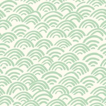 All Over Seamless Vector Repeat Pattern With Abstract Geometric Half Circle Japanese Koi Fish Scale Rainbow Wi-fi Shapes In A Soft Celadon Spa Green Color On A Cream Ivory Off-white Background