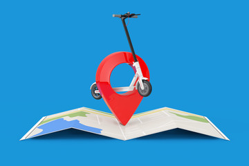 Aufkleber - White Modern Eco Electric Kick Scooter with Red Map Pointer Pin over City Map. 3d Rendering