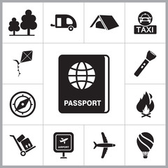 Poster - Travel icons set with passport, airport sign and tourist tent. Thirteen icons