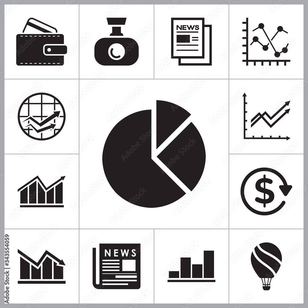 Company simple icons set with bar charts, pie diagram and line chart ...