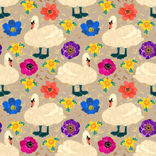 Seamless Pattern With Swans And Flowers, Hand Drawn Illustration
