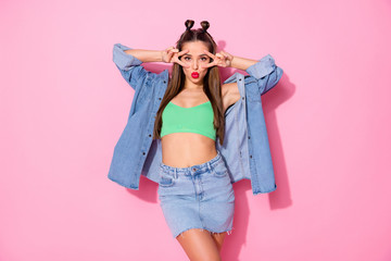 Canvas Print - Photo of pretty funky tempting lady showing v-sign symbols near eyes blowing air kisses wear denim jacket green crop top short skirt isolated pastel pink color background