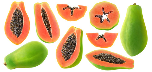 Leinwandbilder - Isolated green papaya fruits. Collection of raw cut papaya isolated over white background