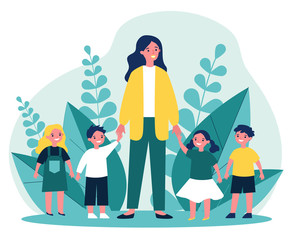 Kindergarten teacher walking with kids. Positive young woman leading happy kids by hands outdoors. Vector illustration for pedagogy, preschool, primary school, education concept