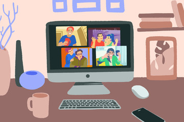 Chatting with friends or family online. Virtual party, meet up, video conference.