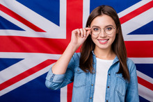 Close Up Photo Positive Confident A Level High School Student Girl Study Abroad In International Knowledge Program Wear Good Look Clothes Isolated British Flag Background