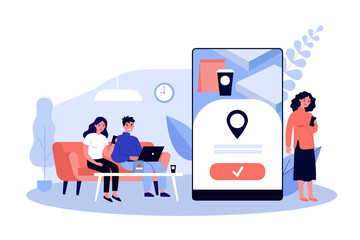 People using online app for food delivery. Customers ordering food in cafe or restaurant and eating at home. Vector illustration for mobile application, takeaway dinner, service concept