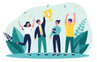 Happy business team winning prize. Winners celebrating achievement and holding trophy cup. Vector illustration for teamwork, award, corporate success concept
