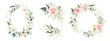 © Veris Studio - Watercolor floral wreath / frame / bouquet set with green leaves, pink peach blush flowers and branches, for wedding stationary, wallpapers, fashion. Eucalyptus, olive, green leaves, rose.