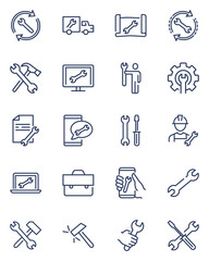 Repair signs thin icon set. Wrench symbol, spanner in human hand, on screen, on truck, maintenance tools, toolkit. Line icons for technical support, service, engineering, setup concept