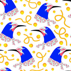 Wall Mural - Blue birds in scarf with golden chain vector seamless pattern on white background. Concept for wallpaper, wrapping paper, cards 