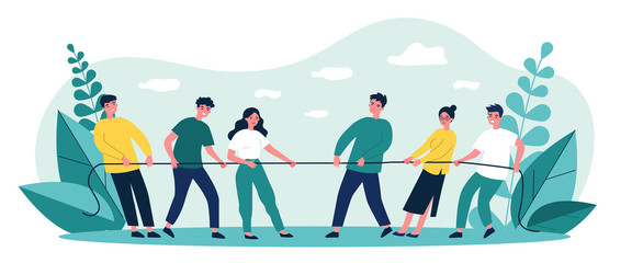 People playing game and pulling rope flat vector illustration. Office contest for two teams resisting each other in struggle. Competition, challenge and confrontation concept