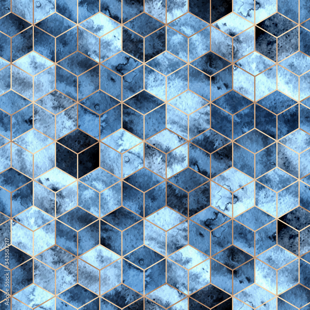 Seamless geometric pattern with gold and blue watercolor polygons ...