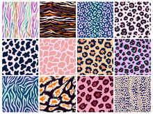 Animal Seamless Pattern Set. Mammals Fur. Collection Of Neon Color Bright Print Skin. Fashionable Predators Camouflage. Cheetah Giraffe Zebra Leopard Jaguar. Printable Background. Vector Illustration