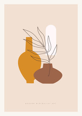 Fototapete - Trendy composition exotic leaves and abstract vases for home decor, greeting card designs, invitation. Modern art. Minimalist shapes in pastel colors on light isolated background. Vector illustration.