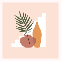 Fototapete - Trendy composition of exotic leaves and abstract vases for home decor, greeting card designs, invitation. Modern art. Minimalist shapes in pastel colors on light background. Vector illustration.