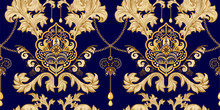 Golden Damask Seamless Pattern. Vintage Indian Wallpaper. Arabian Floral Backdrop. Golden And Blue Vintage Background. Design For Wallpaper, Textile, Fabric, Cover, Rug, Carpet, Web 