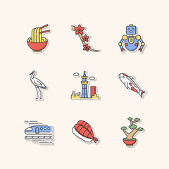 Wall Mural - japan printable patches. ramen dish, asian food. sakura tree. crane bird. city tower. koi fish. japa