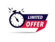 Limited offer icon with time countdown. Super promo label with alarm clock and word. Last offer banner for sale promotion. Red flat sticker hurry deal. Auction tag. Last minute chance stamp. vector.