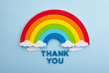 Thank You Rainbow Banner. Rainbow Ob Blue Background With Letters