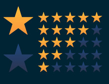 Set Of Stars Rate In Orange And Dark Blue Colors. Review Or Vote Evaluation Rank. Five Stars For Quality. Excellent Ranking. Top Rank Of Satisfaction. Isolated Icons. Vector EPS 10.