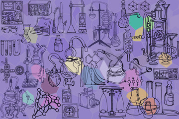 Wall Mural - abstract illustration with sketch elements related to science or education. physics or chemistry bac