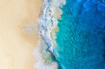 Coast as a background from top view. Turquoise water background from top view. Summer seascape from air. Nusa Penida island, Indonesia. Travel - image