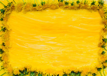 Arrangement Of Dandelions On Yellow Texture With Empty Space For Text. Yellow Summer Flowers Frame Of Flowers