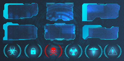Wall Mural - GUI, HUD, UI hi-tech frame screens and small callouts for icons. Good for video games sky-fi concept. Info frame box in futuristic style. Virtual elements design. Callouts titles. Vector illustration